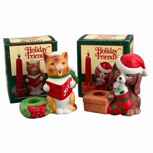 Christmas Candle Holders Set of 2 Cat Dog Holiday Friends Original Box